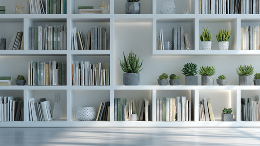 Modern white office bookcase with neatly arranged books and decorative green plants in a bright organized workspace