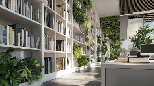 Modern office interior with tall white bookcases filled with books and green plants, bright natural light and contemporary workspace design