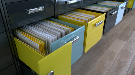 Close-up of modern filing cabinets with yellow and blue drawers open, showing neatly organized folders inside