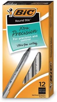 BIC Round Stic Xtra Precision Ballpoint Pen, Fine Point (0.8mm), Black, 12-Count