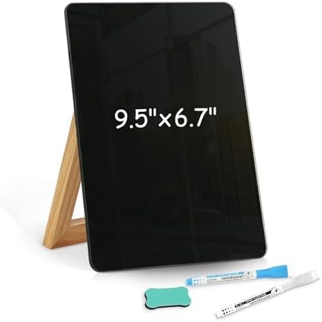 WALGLASS Desktop Black Glass Dry Erase Board 9.5"x 6.7" with Reversible Wood Stand, Small White Board, Portable Whiteboard for Desk, Reusable Desk Notepad with 2 Markers&Eraser for Home, Office