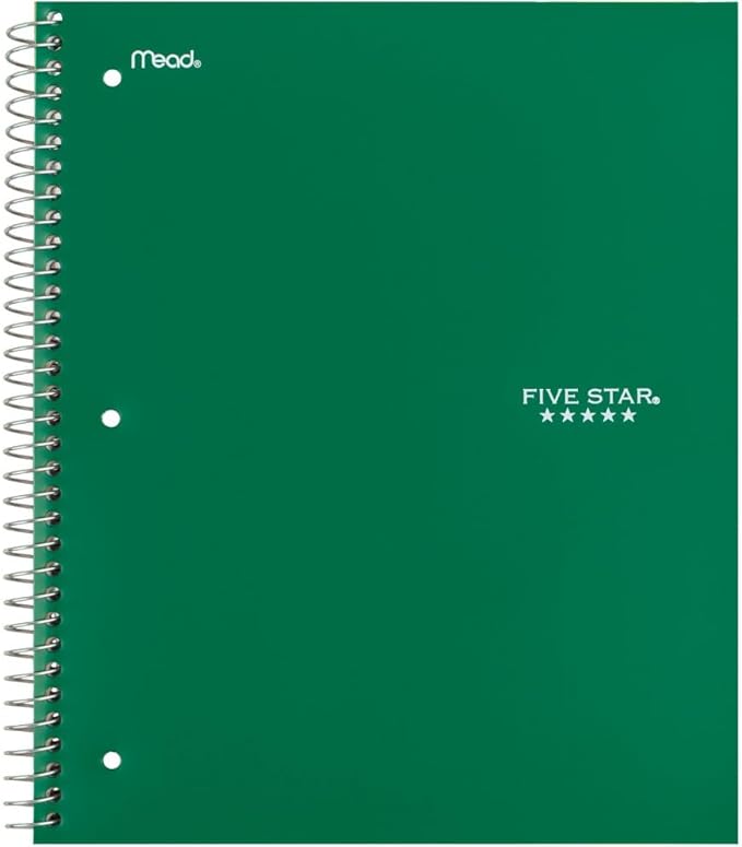 Five Star Spiral Notebook + Study App, 5 Subject, Wide Ruled Paper, Fights Ink Bleed, Water Resistant Cover, 8" x 10-1/2", 200 Sheets, Forest Green (73441)
