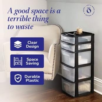 HOMZ 1-Pack 5-Drawer Storage Unit, Home & Office Plastic Organizer, Black Frame