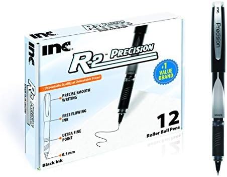 Inc. R2 Precision Rollerball Pens - 0.5 mm Ultra Fine-Point Pen Set With Comfort Grip for School, Office, Writing, and Journaling, 12 Pack, Black Ink