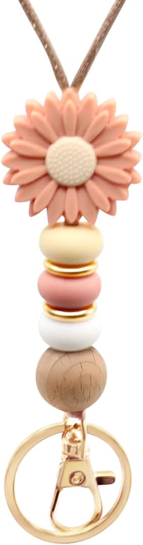 Flower Teacher Lanyards ID Badge and Key Chain, Cute Silicone Beads Lanyard for Women Nurse Work Student (Rose)