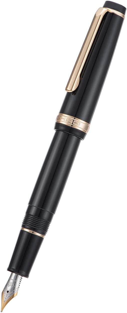 Jinhao 82 Black Acrylic Fountain Pen, Iridium Bent Nib Classic Design Smooth Writing Pen with Ink Converter (Gold Trim)