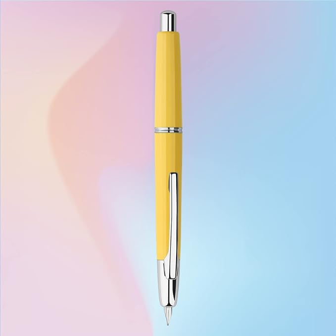 Majohn A2 Press Fountain Pen Extra Fine Nib with Box, Retractable Yellow Resin Ink Pen with Converter Writing Pen Set (Silver Clip Version）