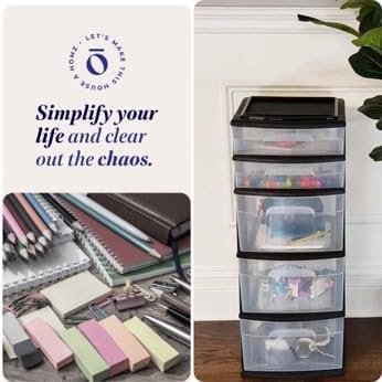 HOMZ 1-Pack 5-Drawer Storage Unit, Home & Office Plastic Organizer, Black Frame
