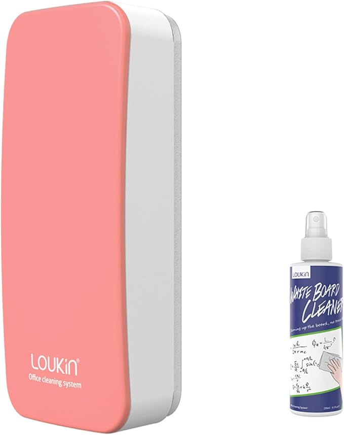 LOUKIN Magnetic Dry Erase Eraser, Whiteboard Eraser, Glass Board Eraser(Pink), One Bottle of 3.4 fl oz Whiteboard Cleaner Included, for Classroom, Home and Office