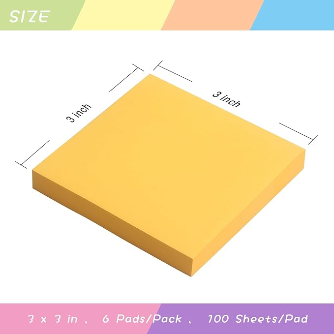 Sticky Notes 3x3 Self-Stick Notes Pads with 6 Bright Colors, Easy to Post for Office, Shool, Home, 6 Pads/Pack, 100 Sheets/Pad (Orange)