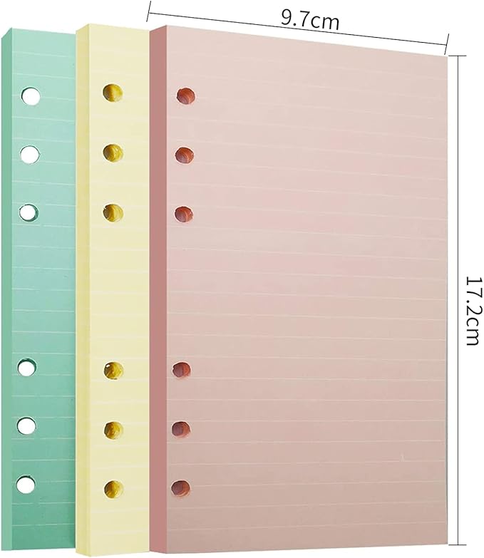 Chris.W A6 Refills Paper, 3 Pack 40 Sheets A6 Colorful Ruled Binder Paper, 3 Pcs Binder Pockets, 1 Page Marker - 6 Hole Notebook Inserts for 6 Ring Refillable A6 Binder Notebook Planner