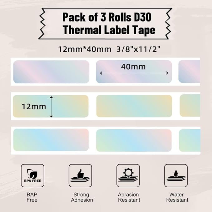 Phomemo D30 Label Tape, for D30 D35 Q30 Q30S Q31 Label Maker, Black on Mermaid Color Sticker Thermal Paper Self-Adhesive Label Maker Tape, 12 x 40mm (3/8" x 11/2") 160 Tapes/Roll, 3-Roll