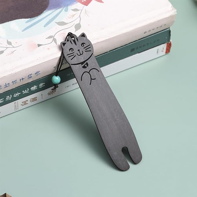 Wood Cat Bookmarks - Set of 4 Cute Bookmarks Aesthetic, Wooden Bookmarks Anime Cat Bookmark for Women Girl Kids, Kawaii Bookmark for Book Lover Cat Lover Friends Best Gifts (Black Sandalwood)