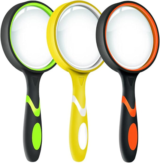 Leffis 3 Pack Magnifying Glass, 10X Non-Slip Handheld Reading Magnifier for Kids and Seniors, 75mm Magnifying Glass Lens for Reading, Classroom Science, and Nature Exploration