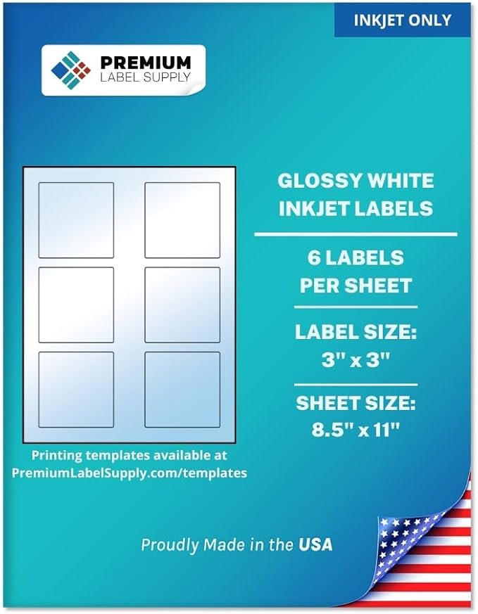 Premium Label Supply Glossy White Square Sticker Labels – 3" x 3" – (6 per Sheet) (Glossy White for Inkjet Only, 600 Labels)