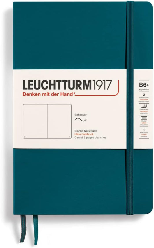 LEUCHTTURM1917 - Notebook Softcover Paperback B6+ - 123 Numbered Pages for Writing and Journaling (Plain, Pacific Green)
