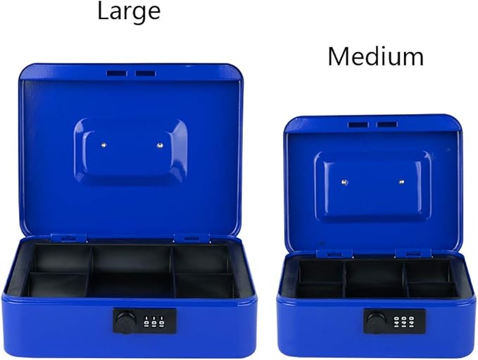 KYODOLED Large Cash Box with Combination Lock,Safe Metal Box for Money, Storage Lock Box with Money Tray,9.84"x 7.87"x 3.54" Blue Large