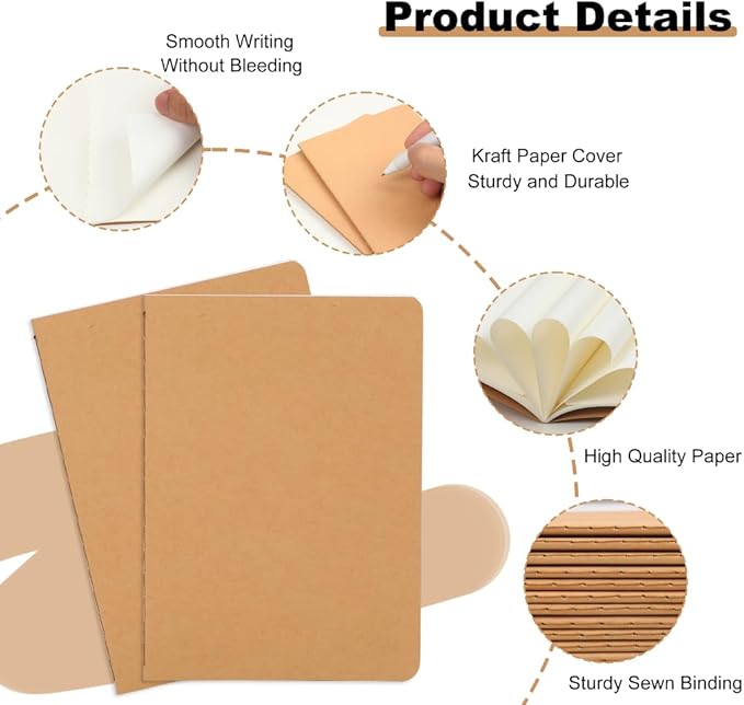 60 Packs Kraft Small Blank Notebooks, Unlined Mini A6 Journals Bulk, Blank Notepads for Kids Students School Office, Traveler Sketching, Drawing, Writing Supplies, 5.5" x 4", 30 Sheets/60 Pages
