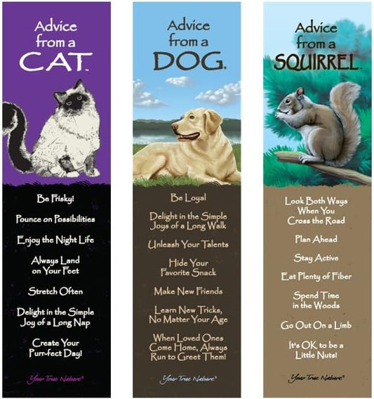 Advice from Nature 3 Bookmark Neighborhood Friends Set, Laminated with Glossy Finish, Printed on Recycled Paper - Cat, Dog, Squirrel (AMBM-NEIGFR)