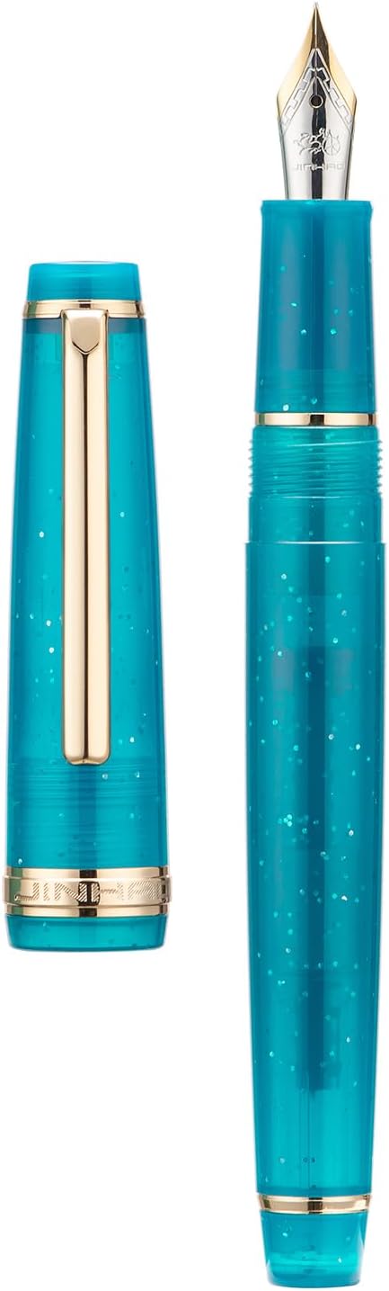 Jinhao 82 Acrylic Fountain Pen, Iridium Fine Nib with Ink Converter, Transparent Peacock Blue Fluorescent Classic Design Smooth Writing Pen (Gold Trim)