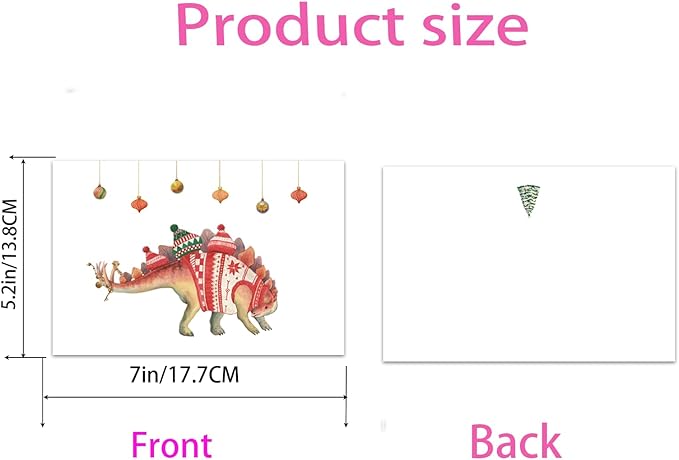 Christmas Card Set - 8 Holiday Cards with Red Envelopes - 8 Different Dinosaur Designs, Perfect for Giving to Your Friends Who Love Dinosaurs.