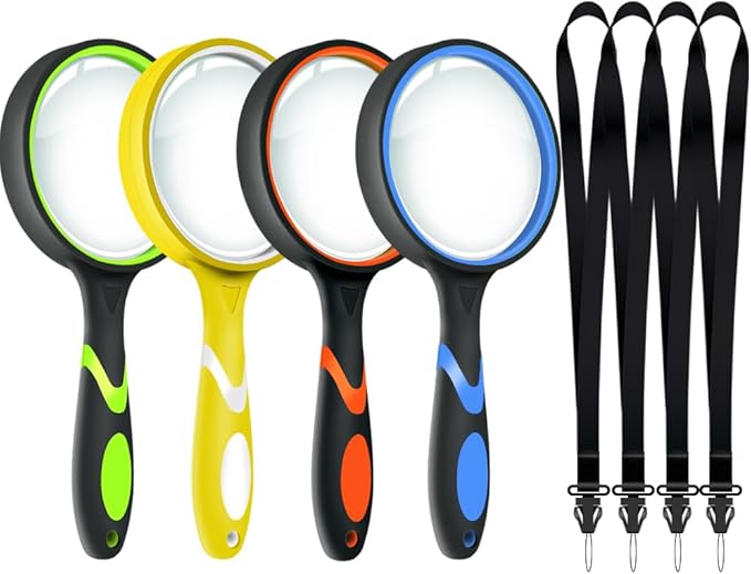 Leffis 4 Pack Magnifying Glass, 10X Non-Slip Handheld Reading Magnifier with Lanyard for Kids and Seniors, 75mm Magnifying Glass Lens for Reading, Classroom Science, and Nature Exploration