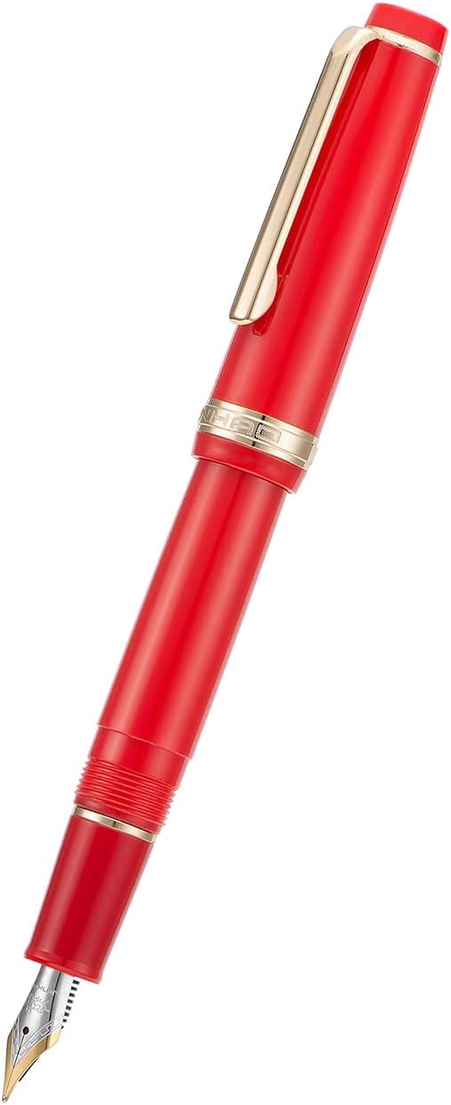 Jinhao 82 Red Acrylic Fountain Pen, Iridium Extra Fine Nib Classic Design Smooth Writing Pen with Ink Converter (Gold Trim)