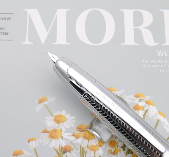 JINHAO 10 Press Fountain Pen, Retractable Metal Pen with Ink Converter (EF Nib 0.38mm, Wavy Texture Bright Silver)