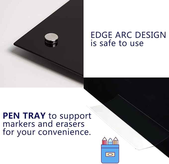 72" x 48" Black Extra Large Glass Whiteboard 6' x 4' Frameless Tempered Black Glass Dry Erase Board with Marker Tray for Interactive Office, Wall Mounted Frosted Glass Whiteboard
