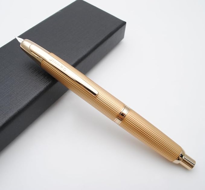JINHAO 10 Press Fountain Pen, Retractable Metal Pen with Ink Converter (F Nib 0.5mm, Striated Golden)
