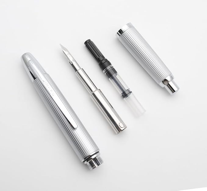 JINHAO 10 Press Fountain Pen, Retractable Metal Pen with Ink Converter (EF Nib 0.38mm, Striated Silver)