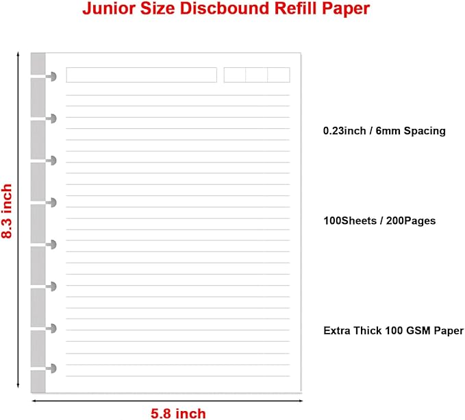 A5 TUL Discbound Lined Refill Paper, 8 Disc Hole Punched Ruled Filler Paper, Junior Size Refills Paper, 100Sheets / 200Pages, Loose-Leaf Paper, 100gsm Paper, 5.8 X 8.3 Inch