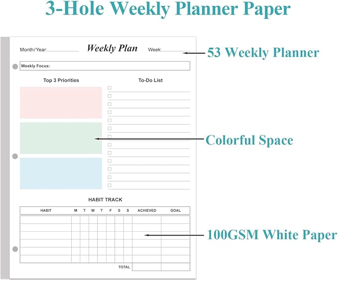 3-Hole Weekly Planner Refills - 53 Sheets/106 Pages Colorful Weekly Planner for 3 Ring Binders, 100 gsm White Paper, 8.5'' x 11''