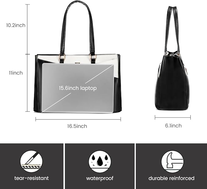 LOVEVOOK Laptop Bag for Women 15.6 Inch Tote Bags Waterproof Leather Briefcase Computer Women Business Office Work Bag,Black-White