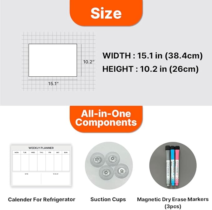 GEEKBEAR Dry Erase Refrigerator Calendar with 3 Markers - Attachable to Any Fridge with Special Suction Cups - Monthly and Weekly Designs, Acrylic - 15.7" x 10.6" (02. Modern Gray, Weekly)