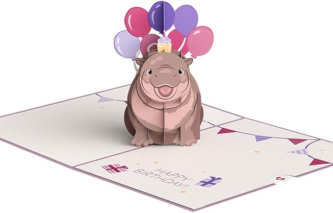 Lovepop Happy Birthday Pop-Up Card for Her and Him- 3D Birthday Animal Greeting Cards for Boys, Girls, Men, Women - Baby Pygmy Hippo - 5" x 7" Card - Blank Note Card & Envelope Included