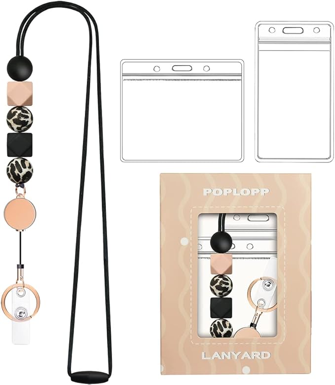 Retractable Lanyards for ID Badges and Keys, Cute Breakaway Teacher Lanyard with Badge Holders and Reels, Silicone Beaded Lanyard for Women, Nurses, Office with 2 Waterproof Card Holders