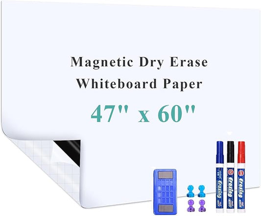 Magnetic Dry Erase Whiteboard Paper, 47" x 60" Self Adhesive Whiteboard for Wall, Easy to Write and Clean Dry Erase Board for Kids, Office, Home, with Marker, Magnetic Eraser and Magnets