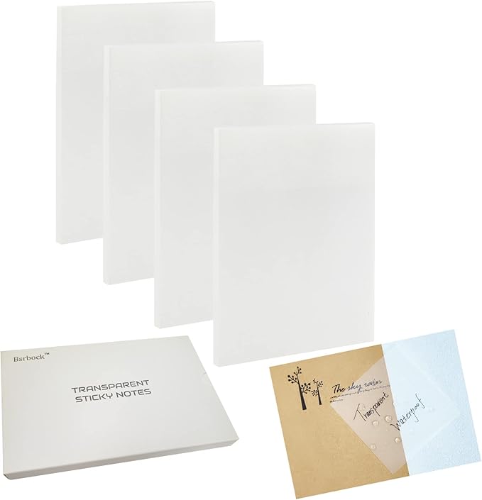 Transparent Sticky Notes 200 Sheets, 4 x 6 in Clear Sticky Notes, See Through Invisible Translucent Sticky Notes Waterproof Self-Stick Note Pads for School, Office (4 Packs)