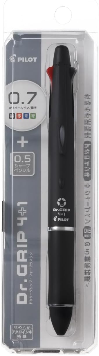Pilot Dr. Grip 4+1, 4 Color 0.7 mm Ballpoint Multi Pen & 0.5 mm Mechanical Pencil - Black Body (BKHDF1SFN-B)