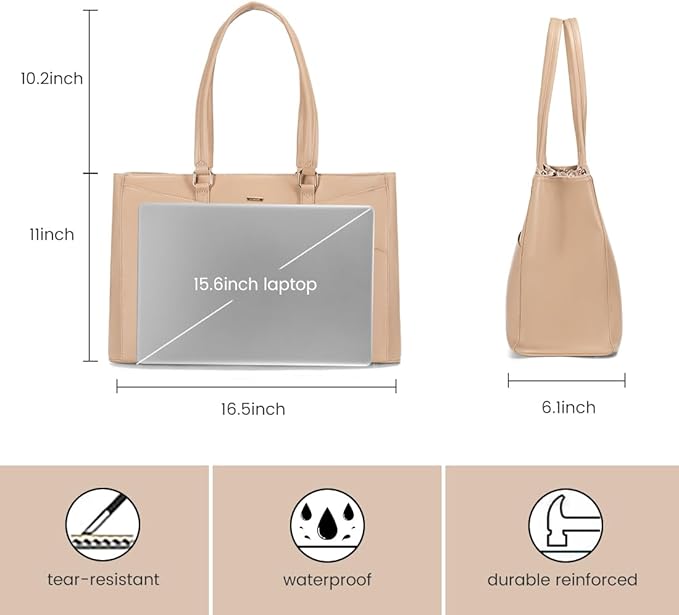 LOVEVOOK Laptop Bag for Women 15.6 Inch Tote Bags Waterproof Leather Briefcase Computer Women Business Office Work Bag,Light Khaki
