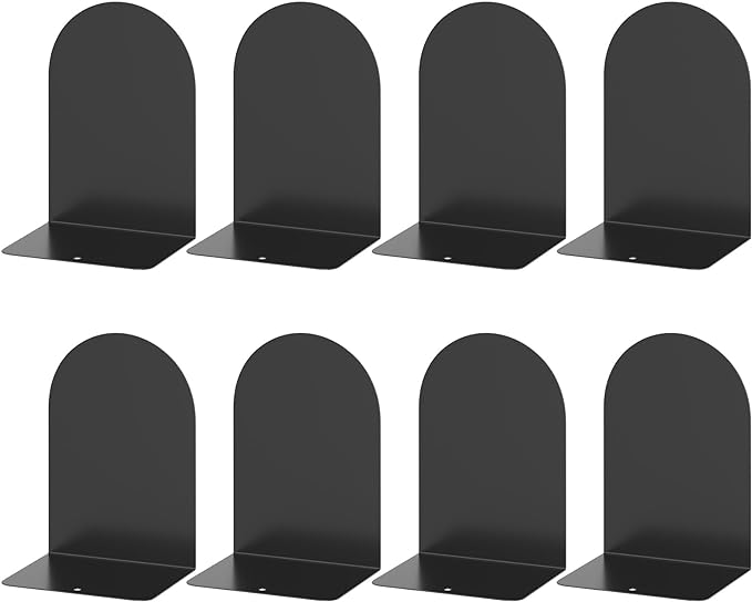 Bookends 4 Pairs, Metal Round Book Ends, Bookends for Shelves, Book Ends for Desk, Book End to Hold Books, Book Stopper, Black Bookend for Home Office