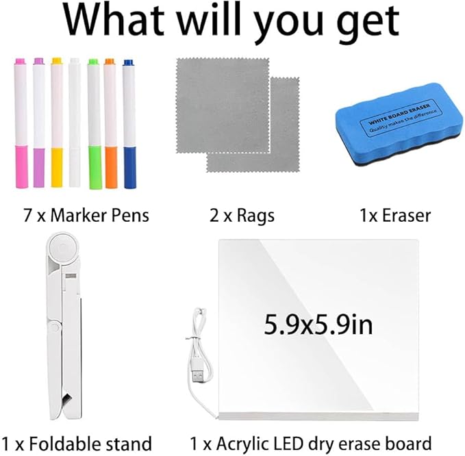 Acrylic Led Dry Erase Board - Creative Rewritable Message Center Board - Regularly Led Note Board with Colour Pens - Light up a Glow Memo Board Note with 7 Pen - Free Eraser Easy to Clean