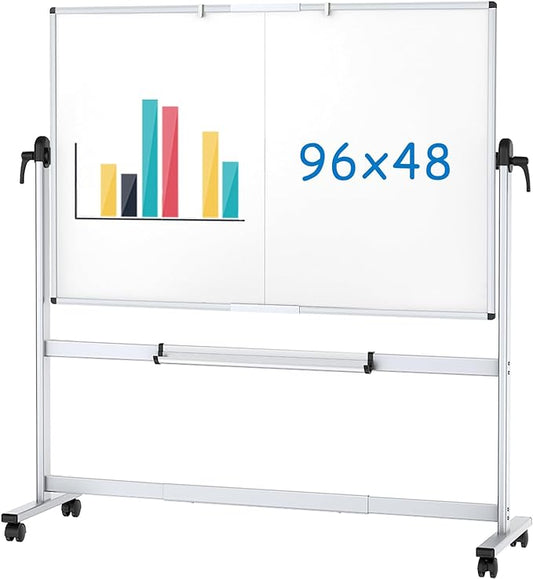 VIZ-PRO Double-Sided Mobile Whiteboard, 96 x 48 Inches, Magnetic Rolling Dry Erase White Board on Wheels with Aluminium Frame and Stand