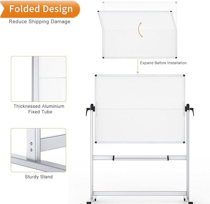 VIZ-PRO Double-Sided Mobile Whiteboard, 48 x 36 Inches, Magnetic Rolling Dry Erase White Board on Wheels with Aluminium Frame and Stand