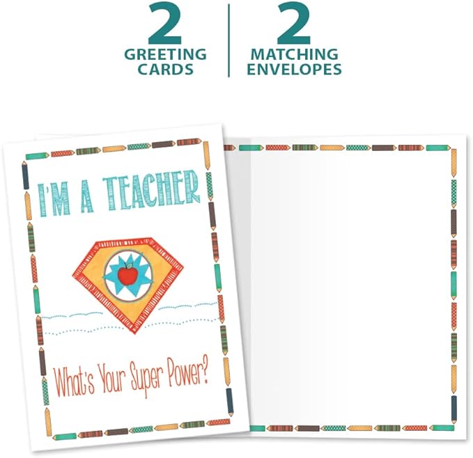 Tree-Free Greetings Teacher Appreciation Cards - Artful Designs - 2 Cards + Matching Envelopes - Made in USA - 100% Recycled Paper - 5"x7" - Lighthearted, For Teacher, Teacher Super Power (GT64453)