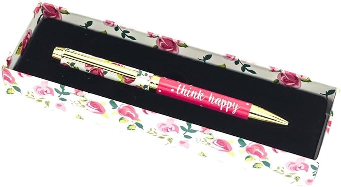 Graphique Pretty Floral Fashion Pen, 5.5" Refillable Black Ink Ballpoint Pink w/ "Think Happy" Quote & Matching Gift Box, Makes a Beautiful, Unique Gift