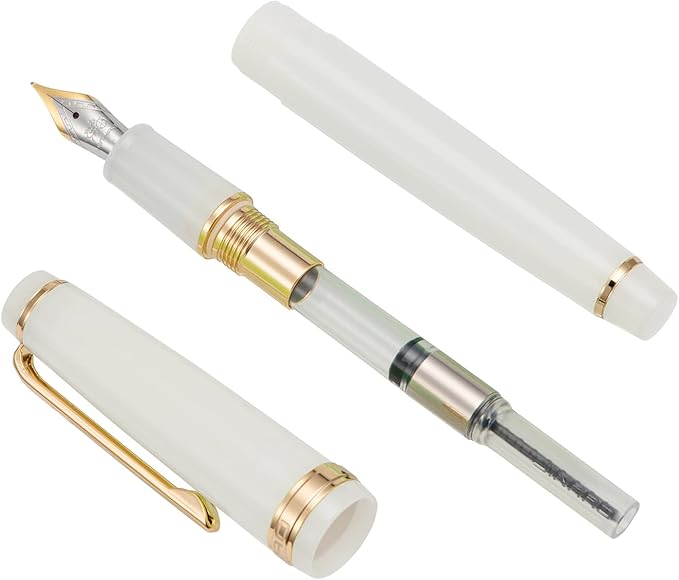 Jinhao 82 Acrylic Fountain Pen, Iridium Fine Nib with Ink Converter, Transparent Ivory White Classic Design Smooth Writing Pen (Gold Trim)