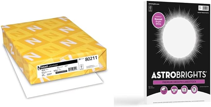 Neenah Exact Vellum Bristol, 8.5" x 11", 67 lb/147 gsm, White, 94 Brightness, 250 Sheets (80211) & Astrobrights/Neenah Bright White Cardstock, 8.5" x 11", 65 lb/176 gsm, White, 75 Sheets (90905-02)