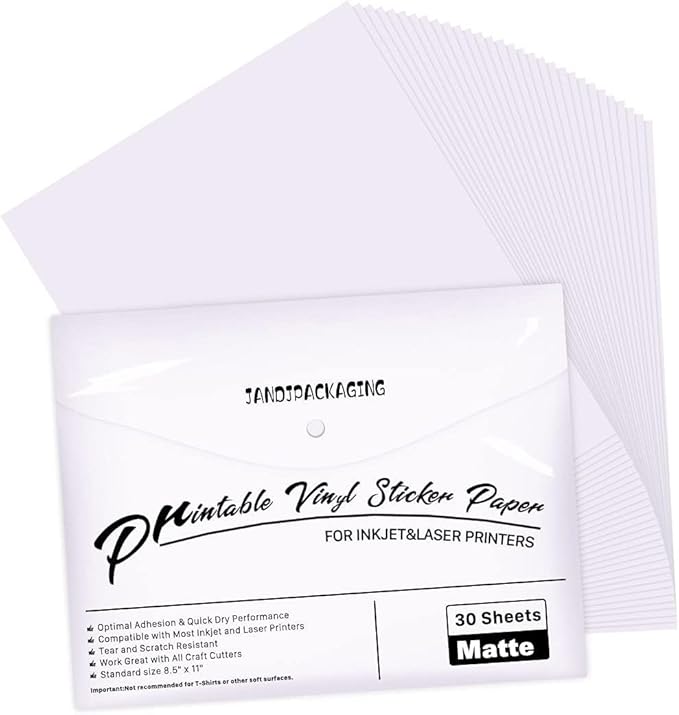 JANDJPACKAGING Printable Vinyl for Inkjet Printer - 30 Pack Printable Vinyl Sticker Paper Matte White - Standard Size 8.5"x11"